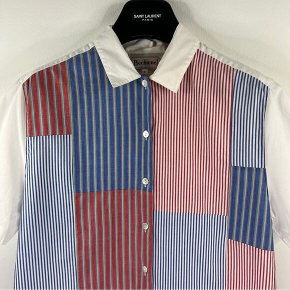 Bechamel Womens Button Up Size S Vintage Short Sleeve Patchwork Red Blue White - Picture 6 of 8